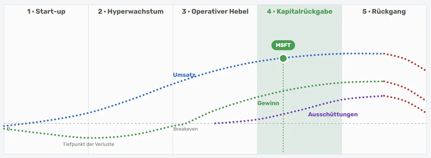 Phasenchart mit den drei Schemakurven und der Markierung des Unternehmens